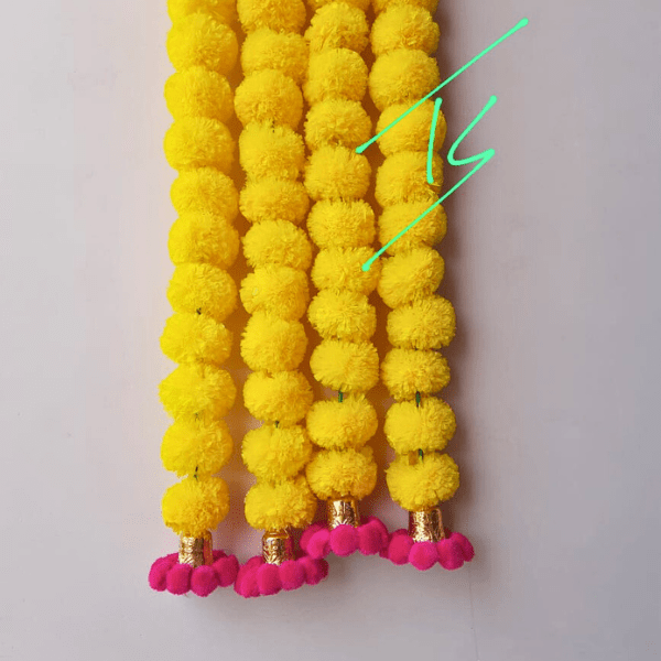 Marigold strings with pompom bell (set of 5) - India shopping