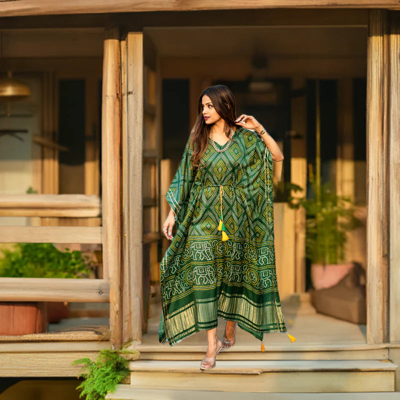 Green Kaftan With Digital Print Work | Ready To Wear