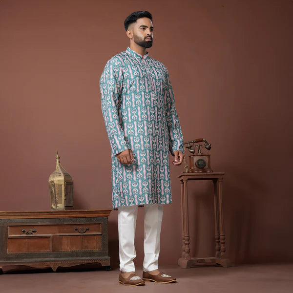 Meraki Ethnic Aqua Bloom Kurta Pajama | Ready To Wear