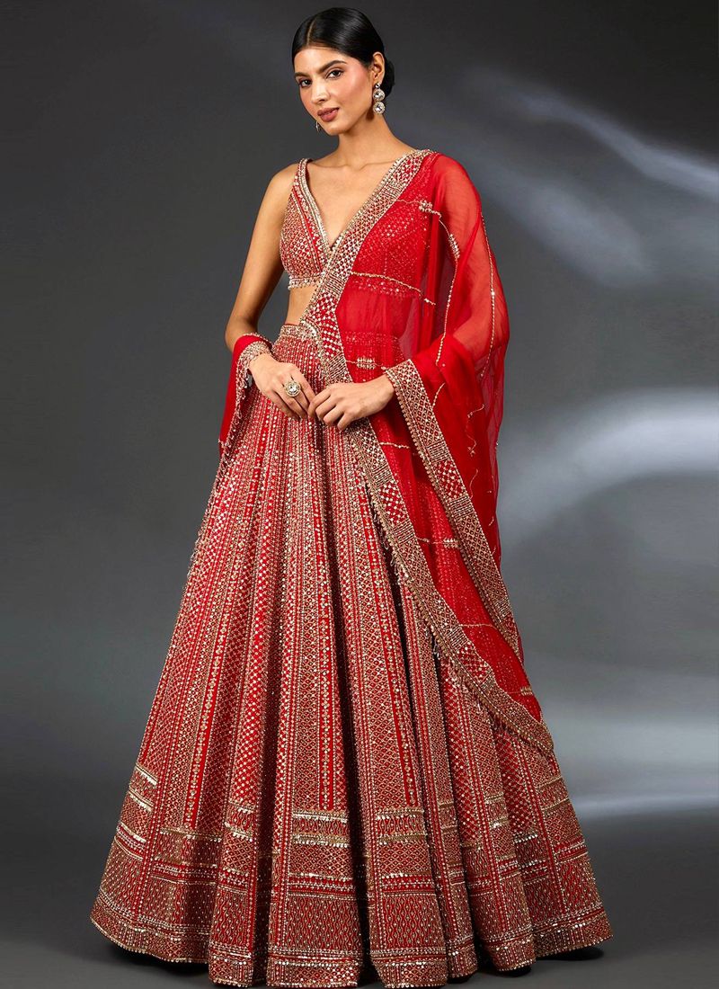 Red Malai Satin Lehenga Choli With Sequin Work | Ready To Wear