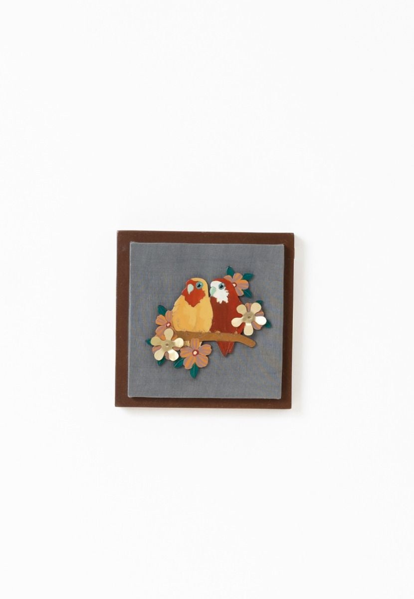 Gray Mashru Fabric Genus Agapornis Wall Frame - Brass Cutout