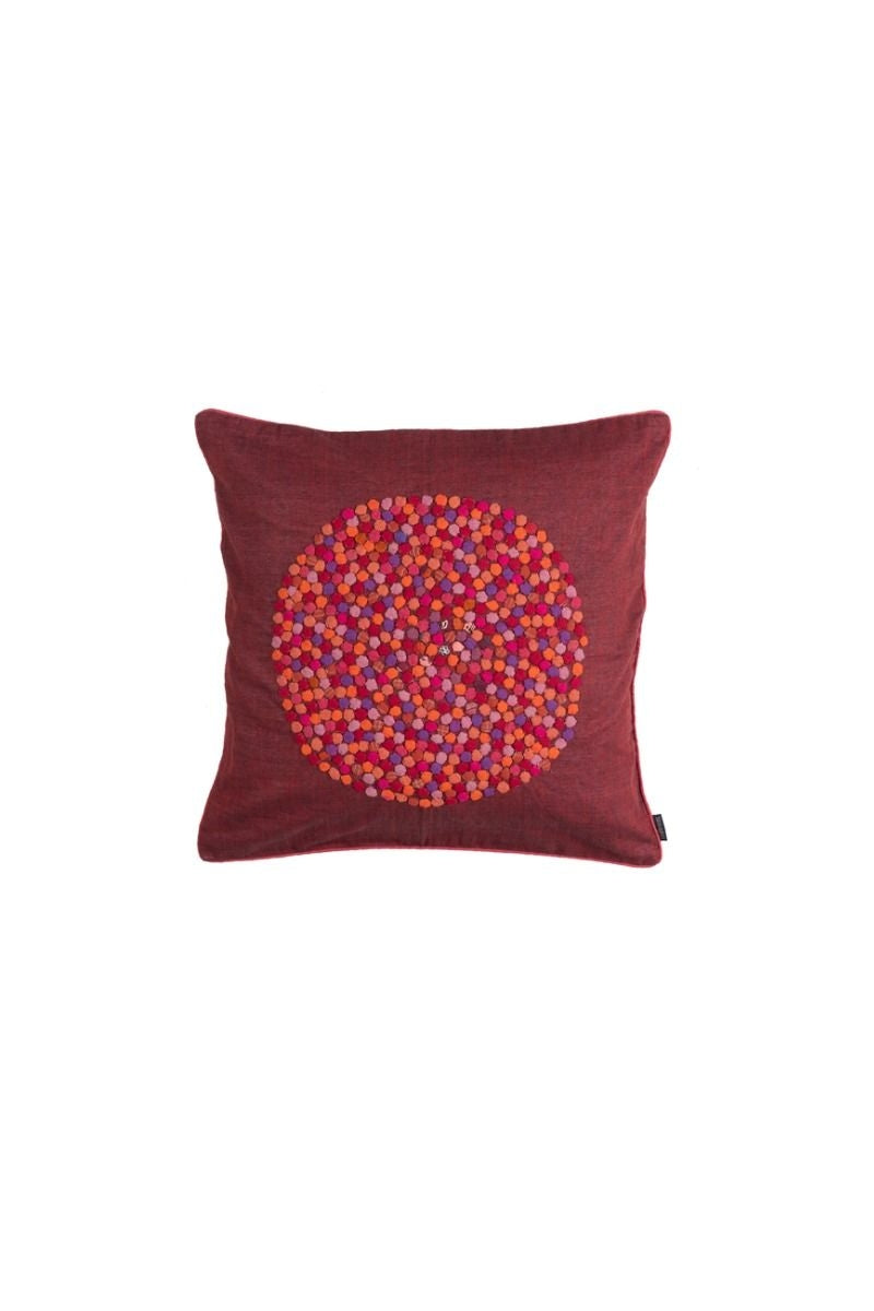 Maroon Handwoven Cotton Cushion Cover with Round Applique Work