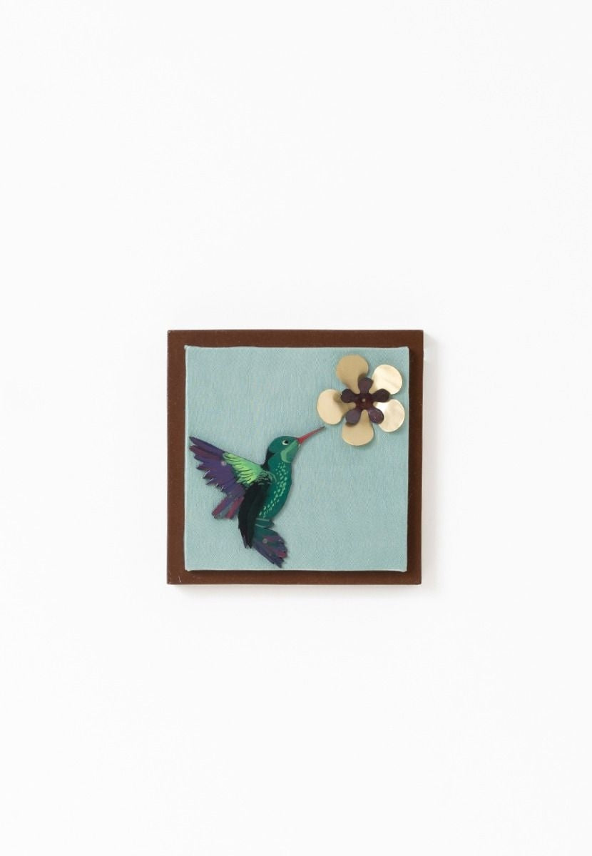 Mashru Wall Frame with Hand-Painted Hummingbird - Brass Cutout