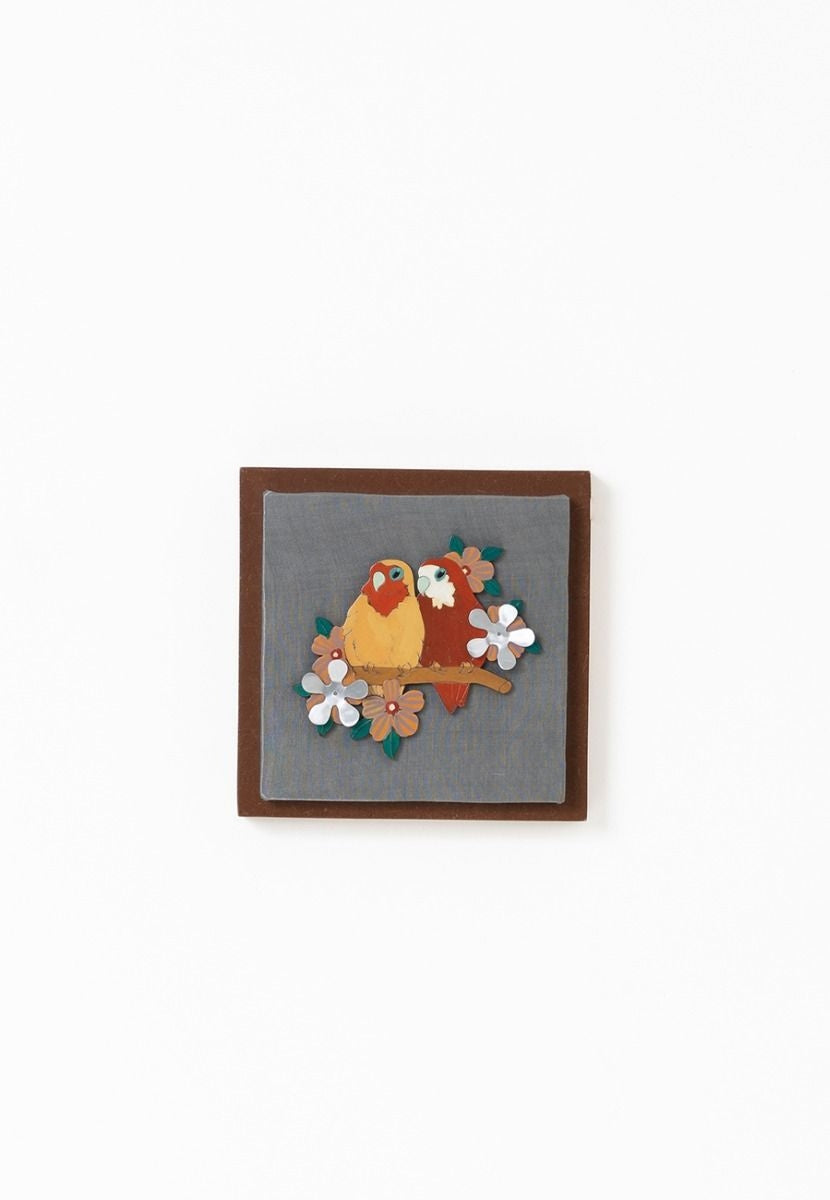 Gray Mashru Fabric Genus Agapornis Wall Frame - Aluminum Cutout