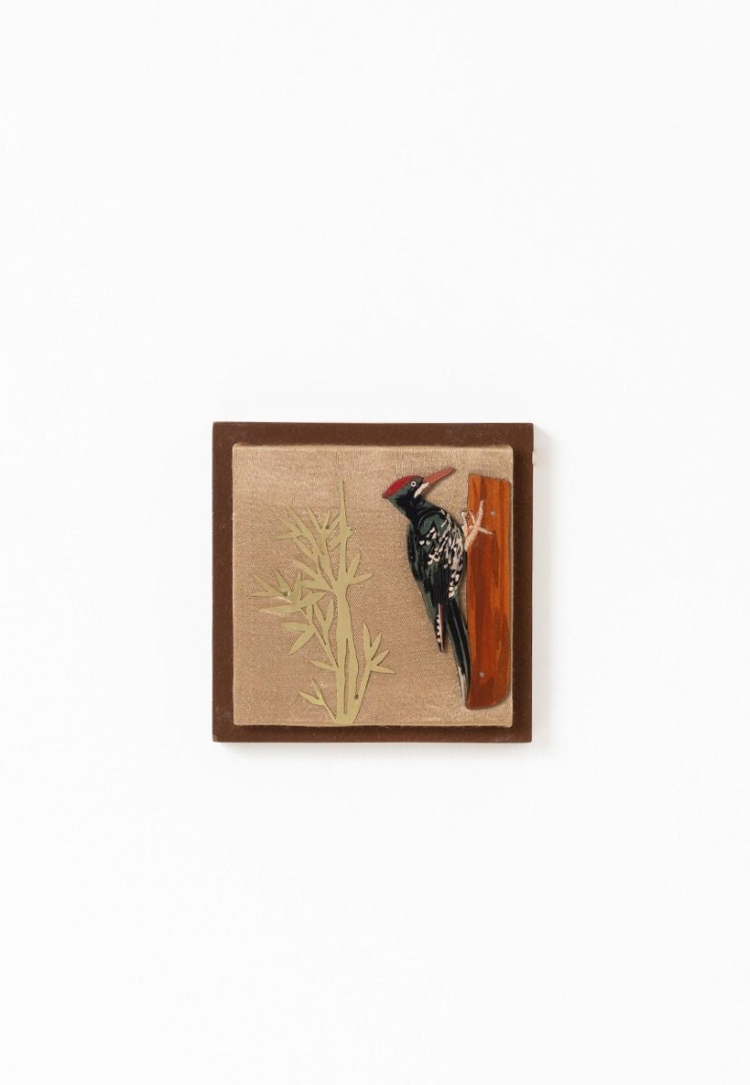 Mashru Wall Frame with Hand-Painted Woodpecker - Brass Cutout