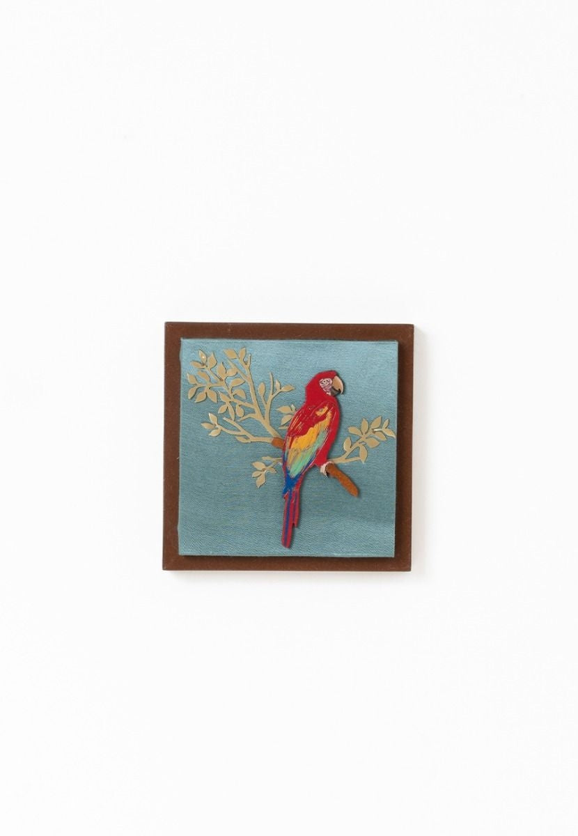 Mashru Wall Frame with Hand-Painted Parrot - Brass Cutout