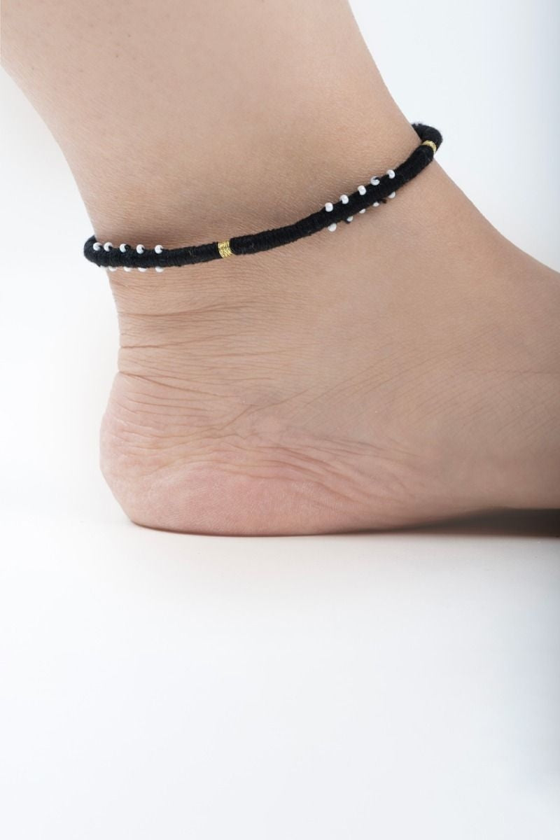 Black Thread and Beads Anklets (Set of 2)