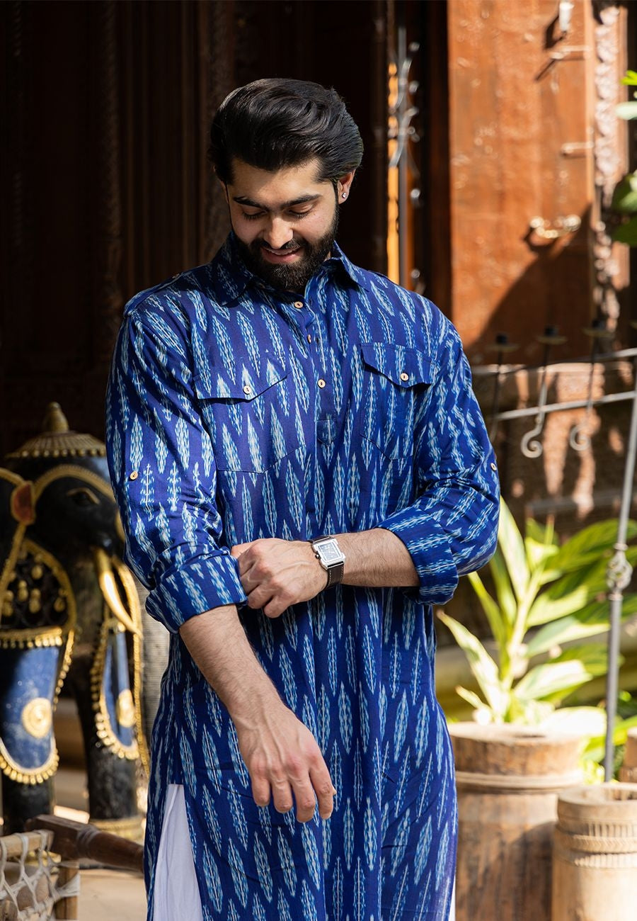 Blue Pathani Ikkat Weave Cotton Kurta