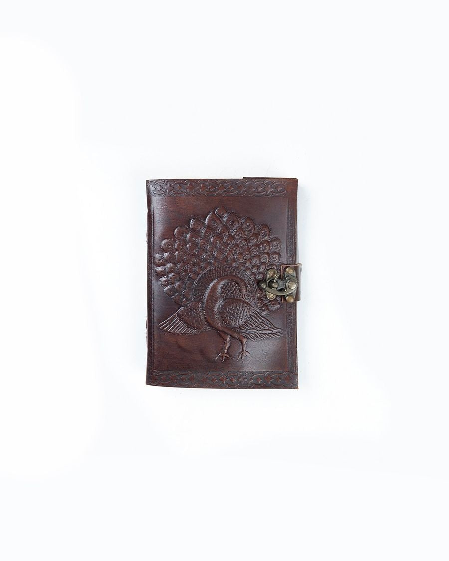 Brown Leather Peacock Motif Embossed Diary