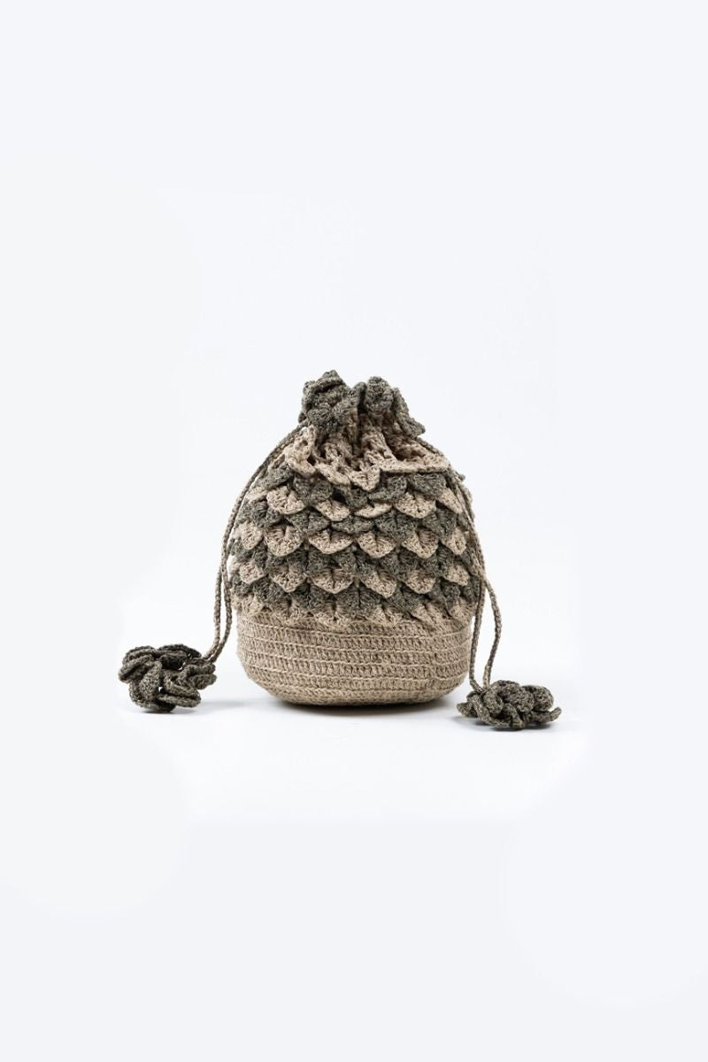 Khaki Round Jute Yarn Crochet Potli Bag