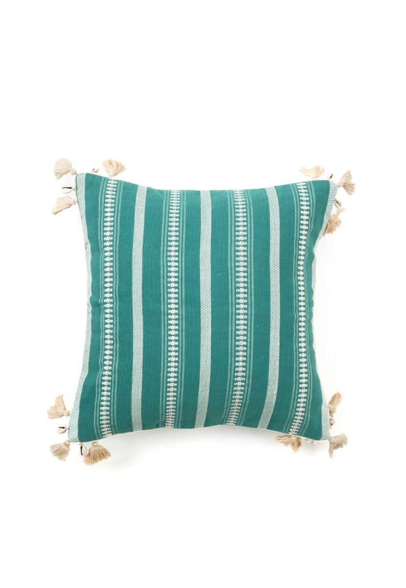 Green Hand-Woven Cotton Cushion Cover with Bhujodi Weave