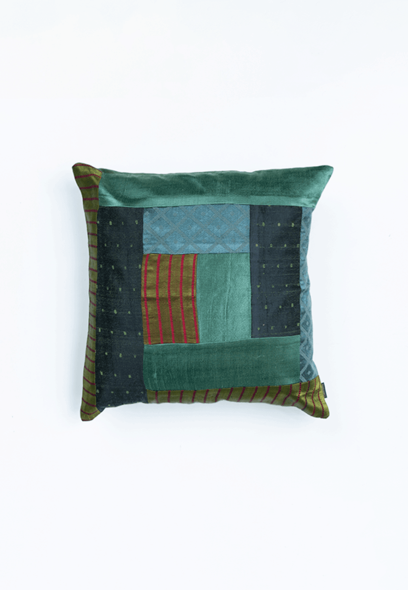 Multi Color Mashru Cushion Cover with Handwoven Patches