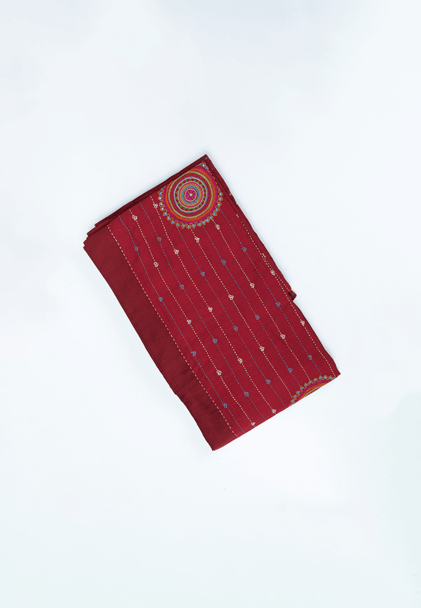 Maroon Cotton Bedspread with Kantha Embroidery