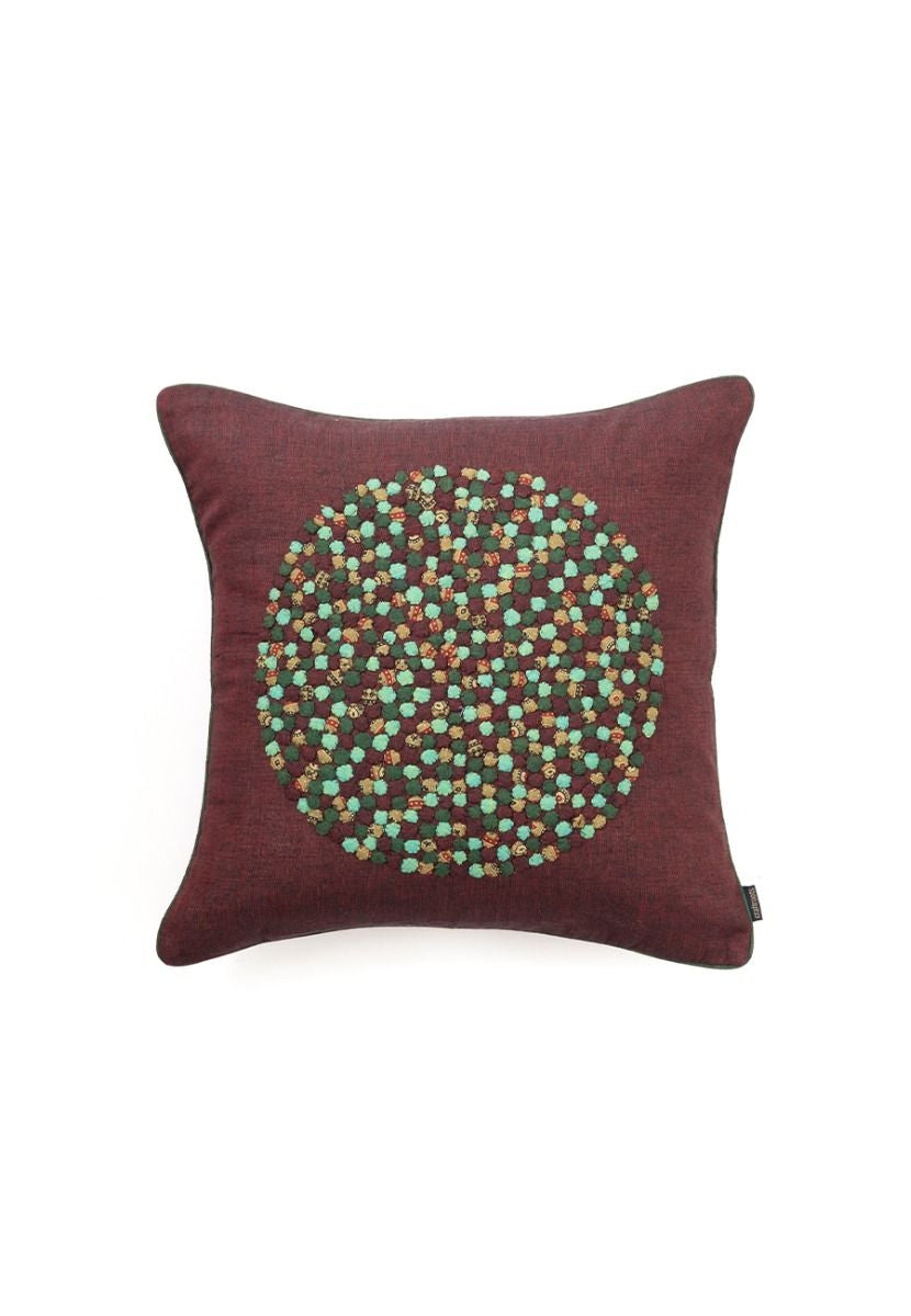 Maroon Hand-Woven Cotton Cushion Cover with Applique Work