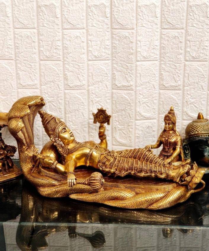 Divine Lord Vishnu and Goddess Laxmi with Sheshnag Super Heavy Brass Murti - India shopping