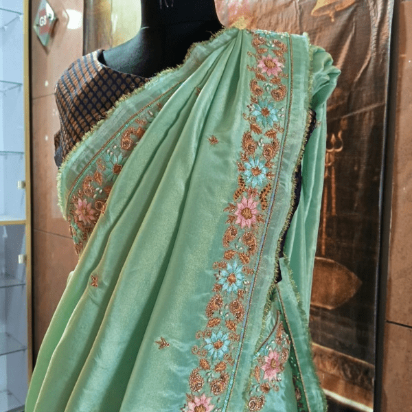 Sea Green Tissue Saree: Custom Handmade Resham & Pearl Embroidery - India shopping