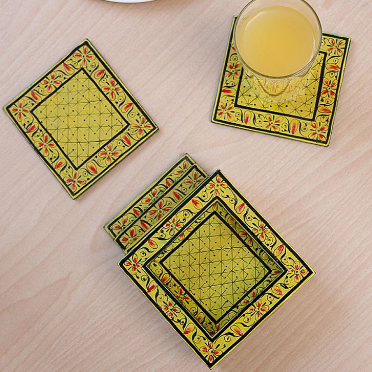 Hand Painted Coasters - Subtle Lemon , Mughal Art