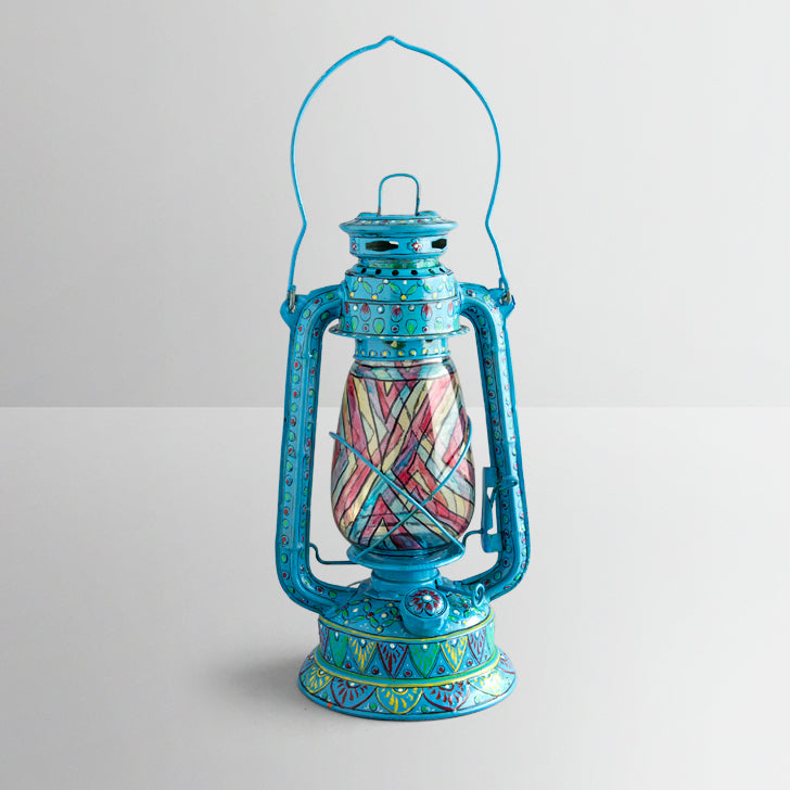 Hand Painted Hurricane Oil Lantern: Sky Blue : Firozi