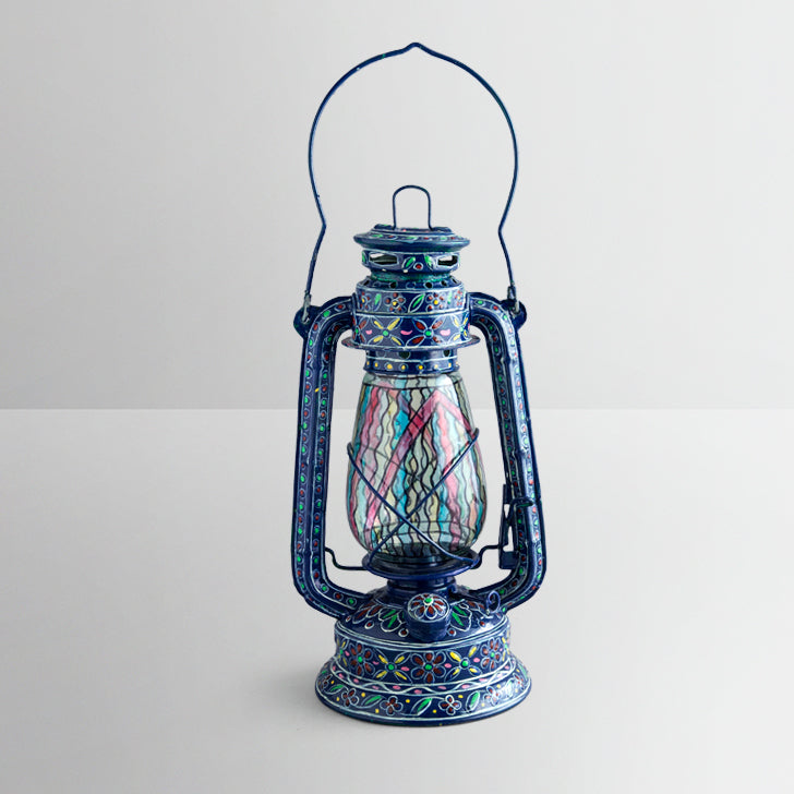 Hand Painted Hurricane Oil Lantern: Blue