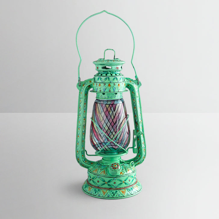 Hand Painted Hurricane Oil Lantern: Aqua Green