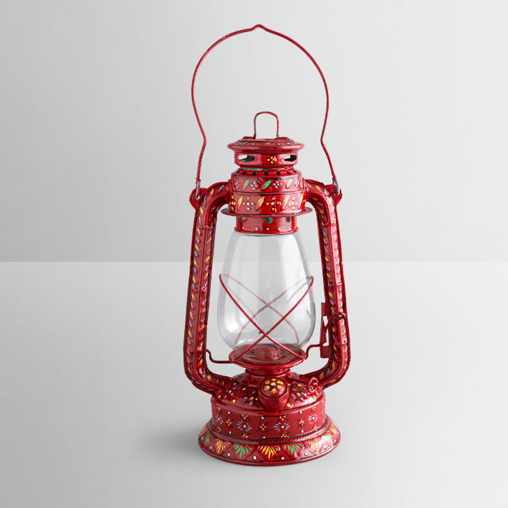 Hand Painted Hurricane Oil Lantern: Red