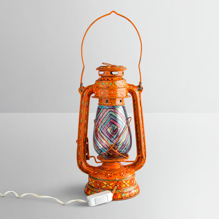 Hand Painted Hurrican Lantern with Bulb : Orange