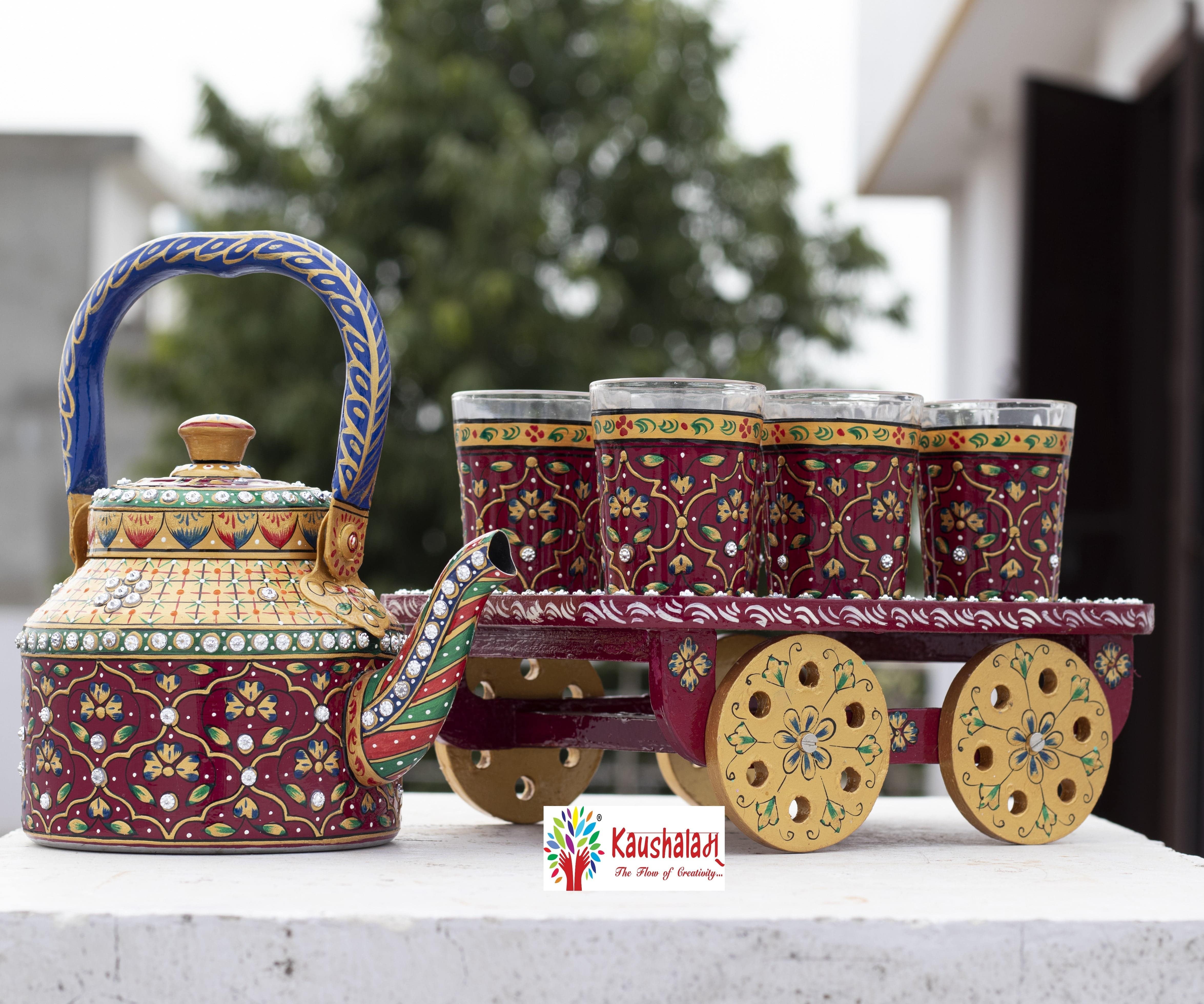 Hand painted Tea set with tea trolley Multi design - India shopping