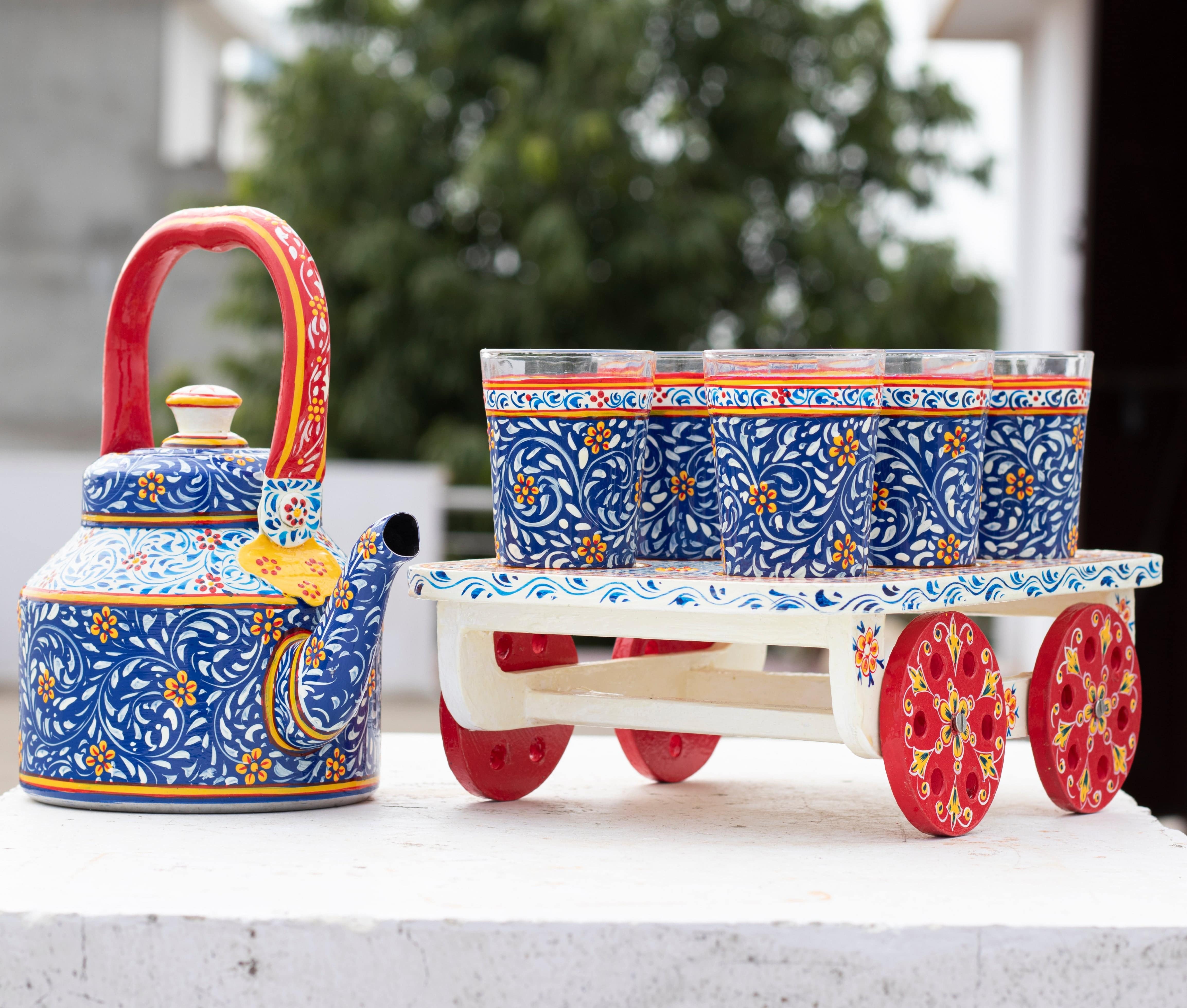 Hand painted Tea set with tea trolley Multi design - India shopping