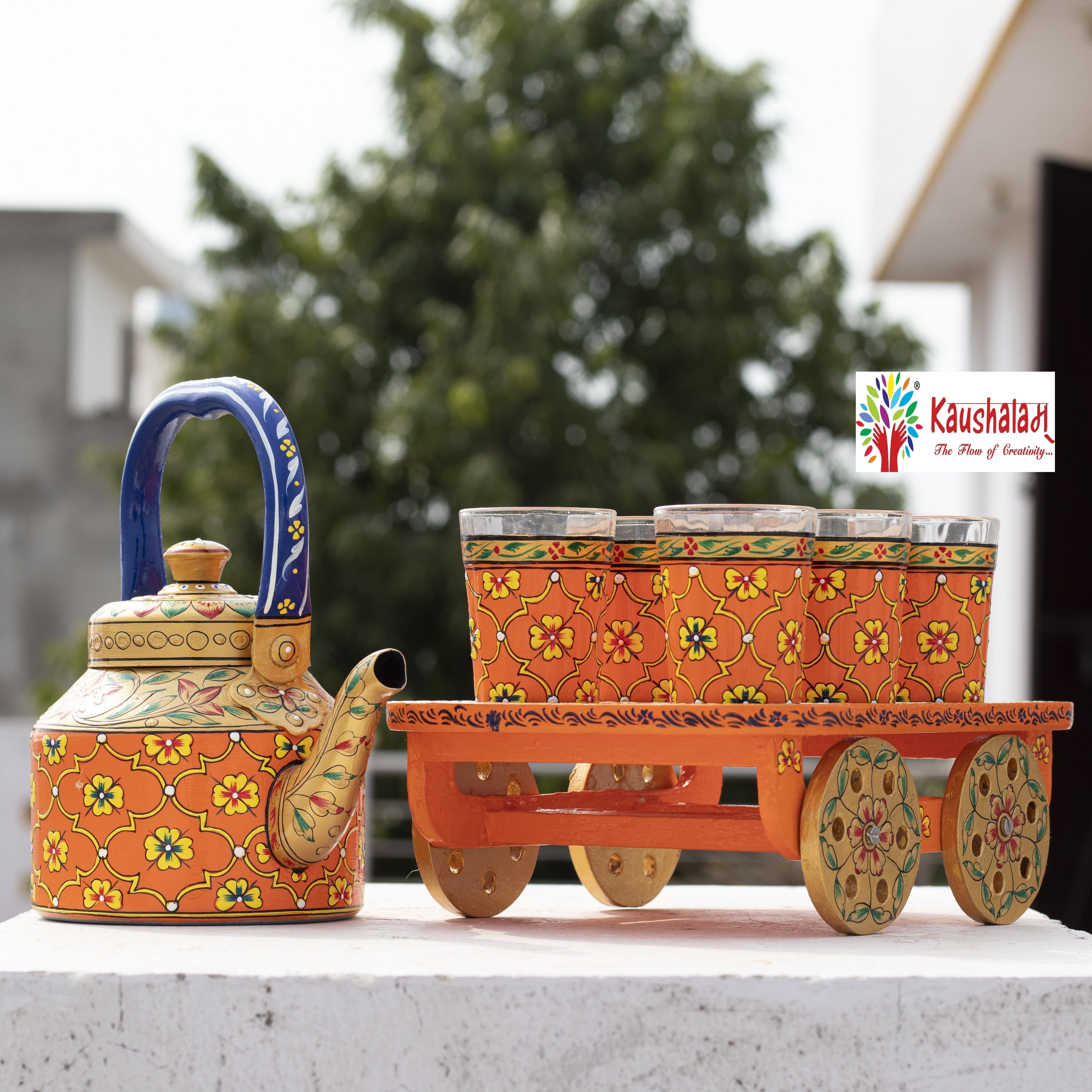 Hand painted Tea set with tea trolley Multi design - India shopping