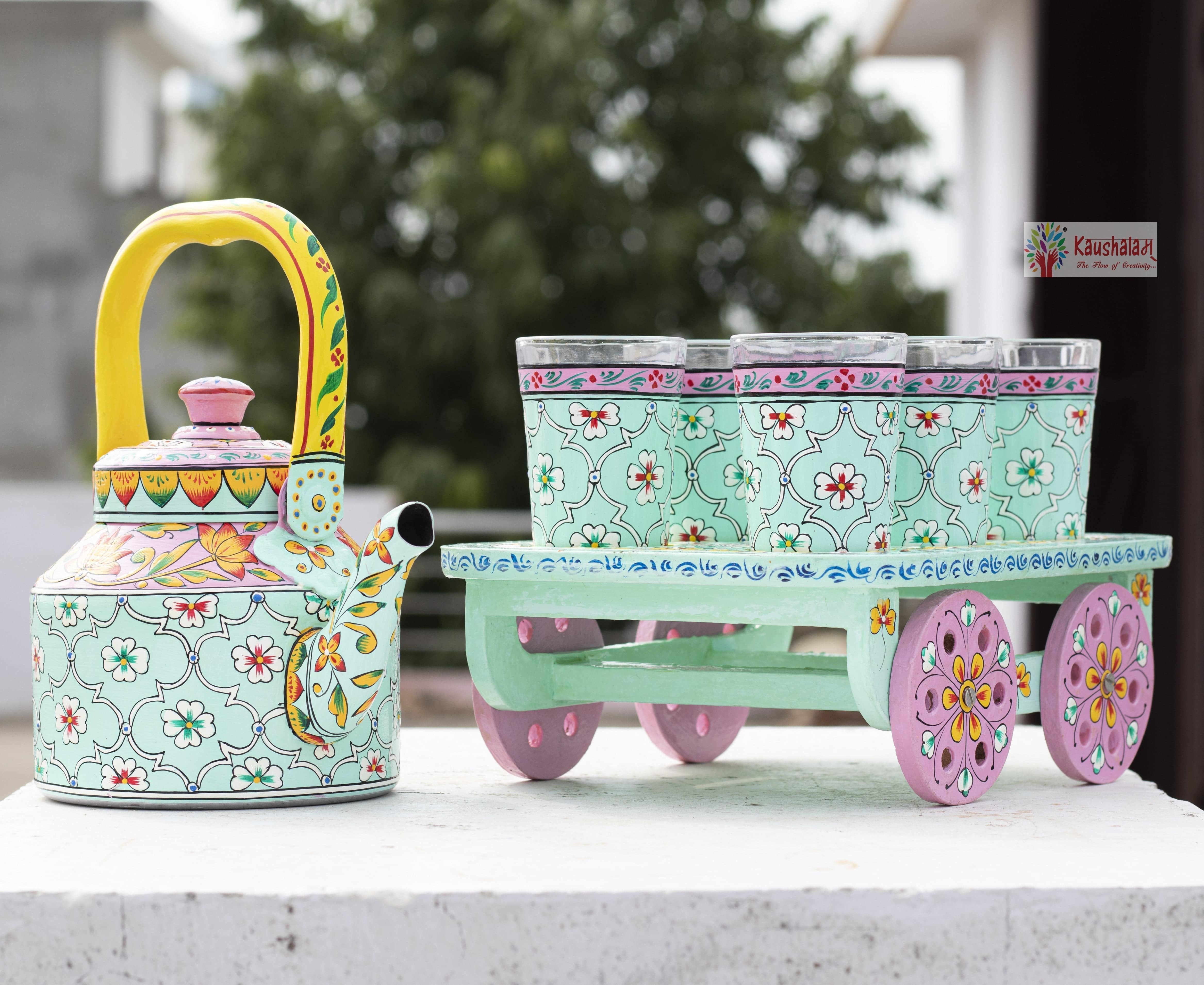 Hand painted Tea set with tea trolley Multi design - India shopping