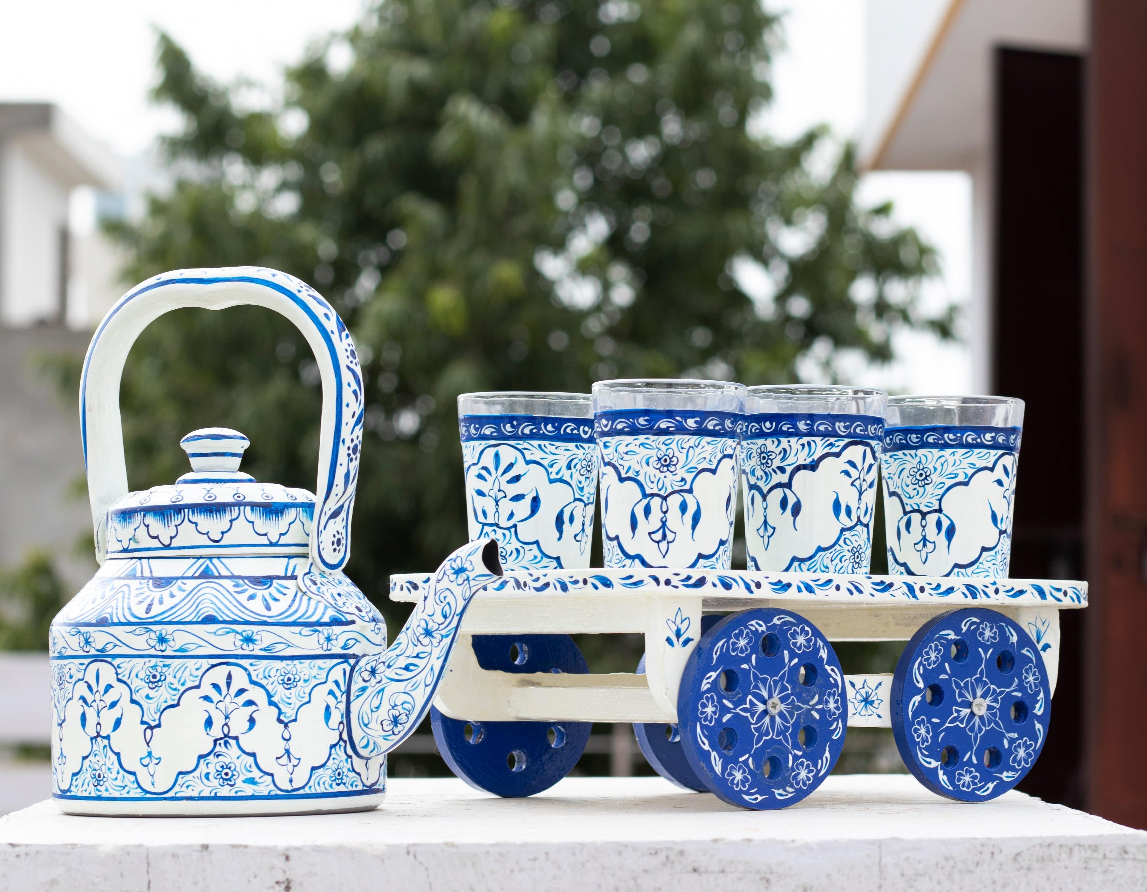 Hand painted Tea set with tea trolley Multi design - India shopping