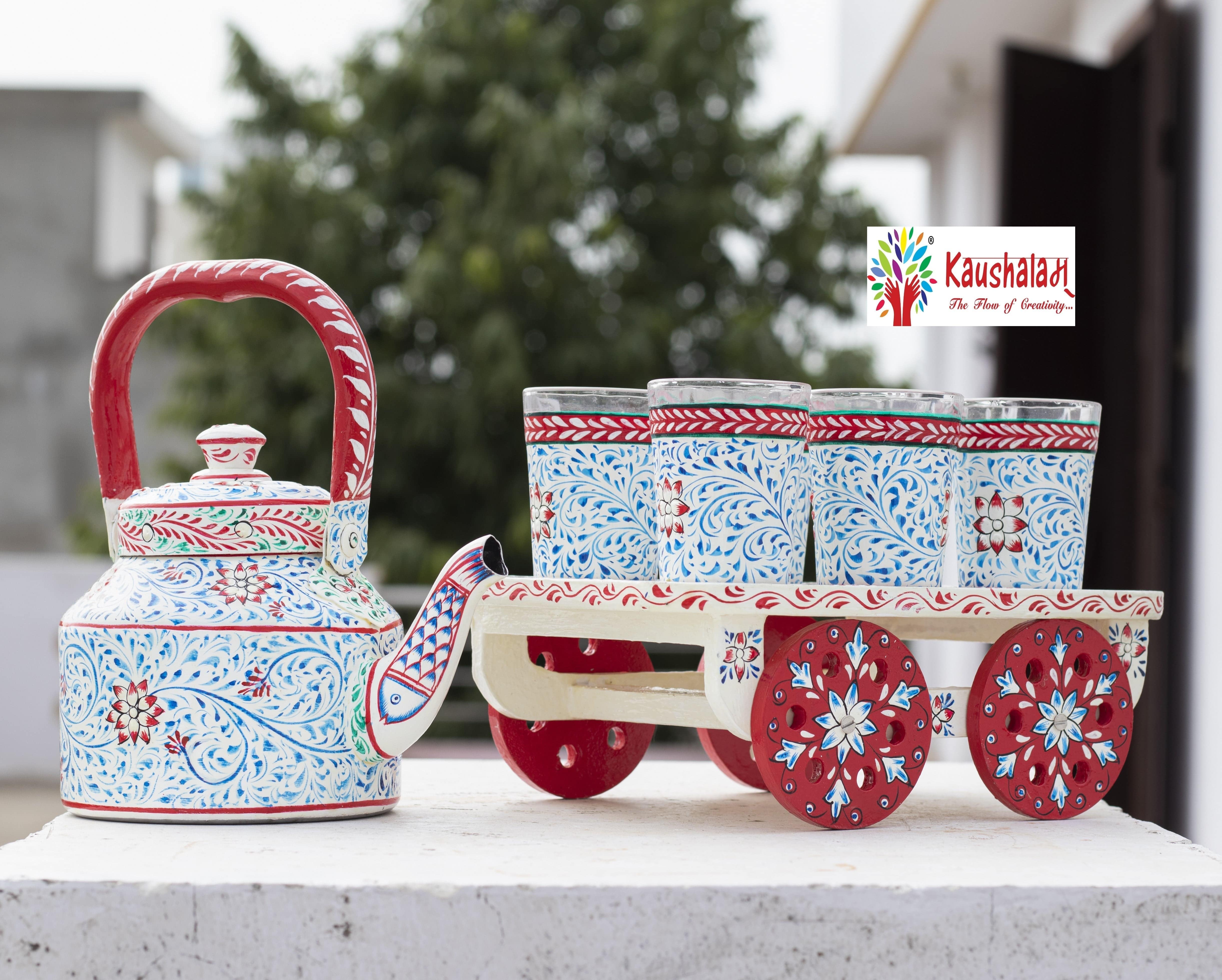 Hand painted Tea set with tea trolley Multi design - India shopping