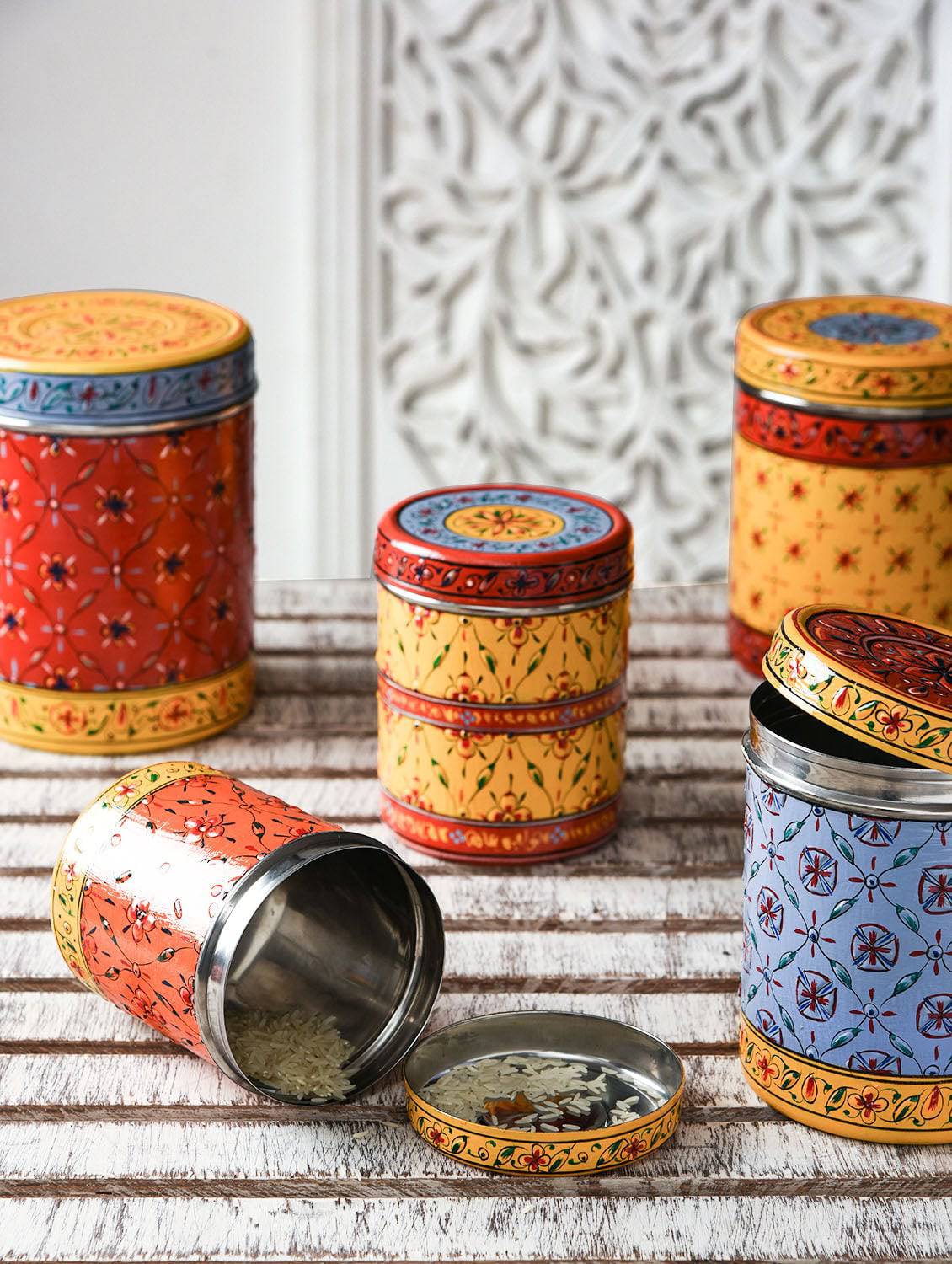 Canister set of 5 containers: Hand Painted Storage Stainless Steel Nesting Jars - India shopping