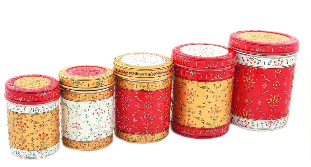 CANISTER SET OF 5 WHITE RED GOLD: ELEGANT - India shopping