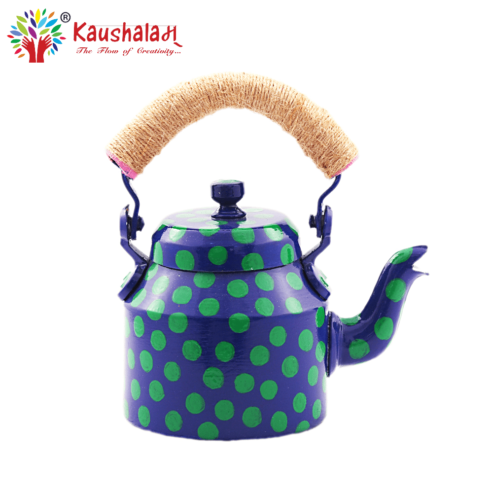 Hand Painted Kettle : Blue Polka Dots - India shopping