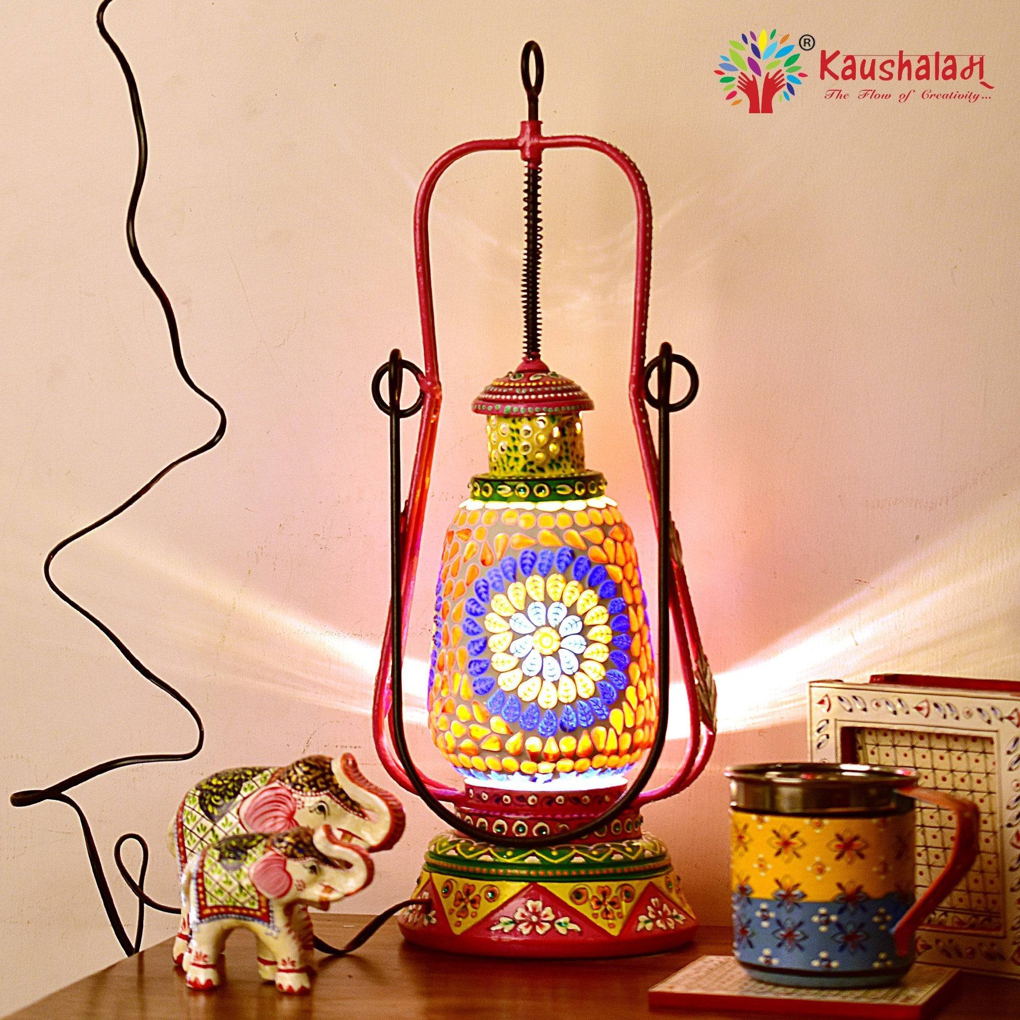 Hand Painted Lantern with Bulb : Ethnic Mosaic Bed Side Lamp, Pink & Yellow - India shopping