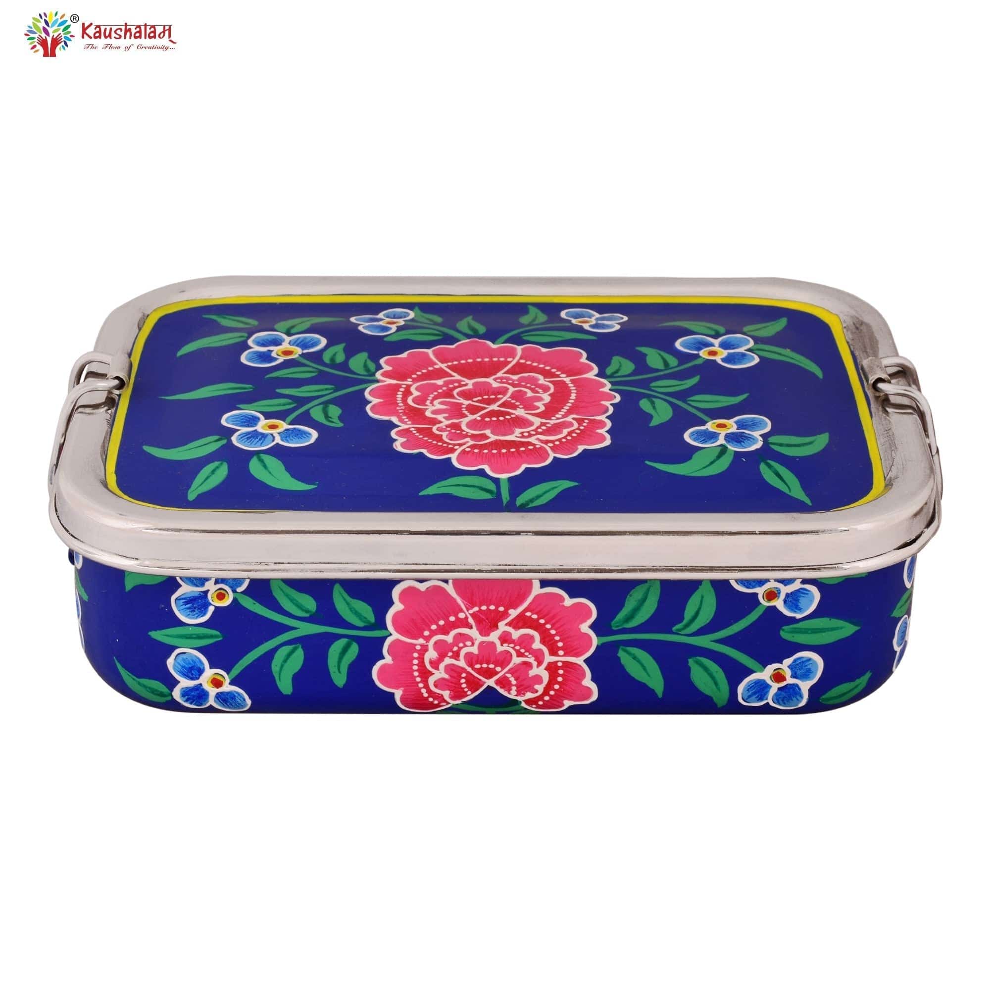 Hand Painted Lunch Box , Bento Box : School Lunch Box: Royal Blue Floral - India shopping