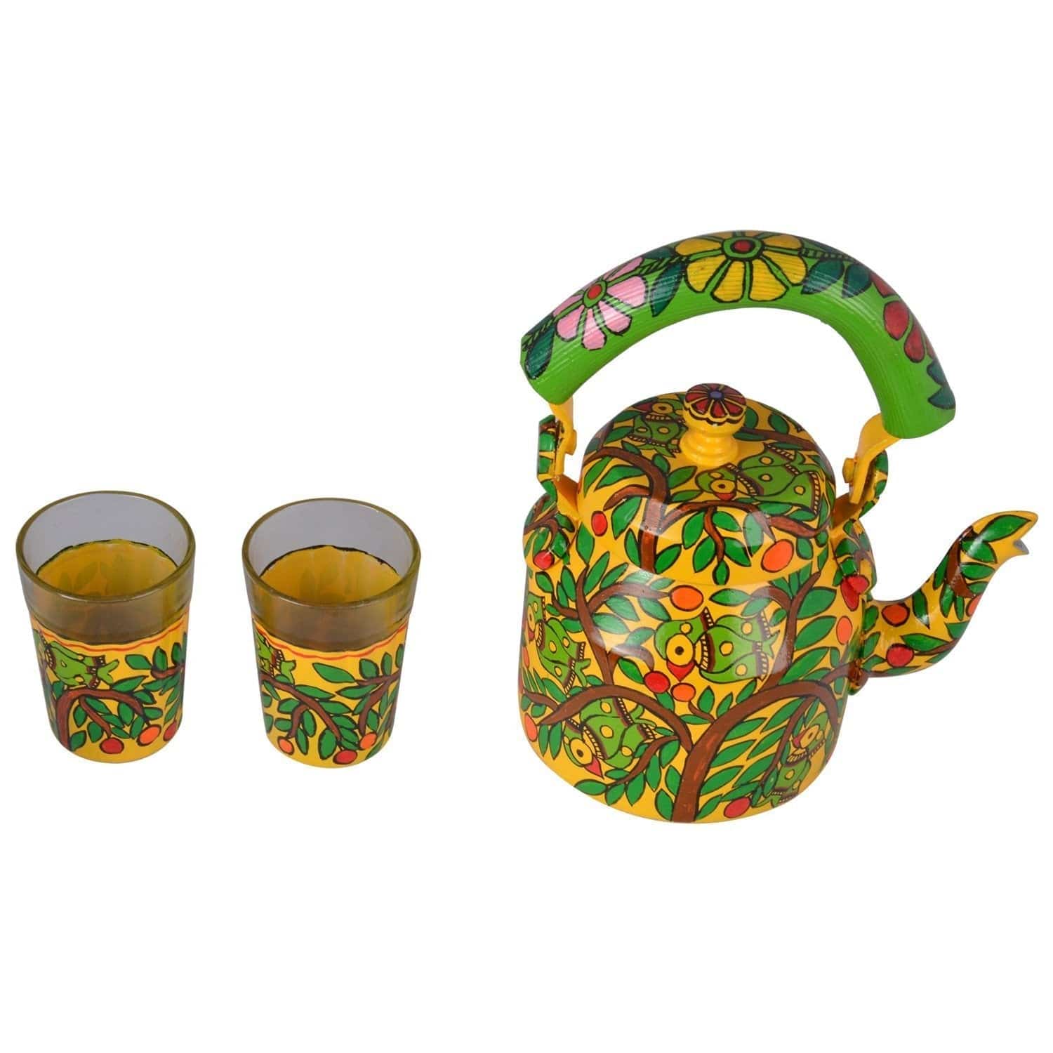 Hand Painted Madhubani Tea Set for Two People - Tea Pot & Two Tea Glasses - India shopping