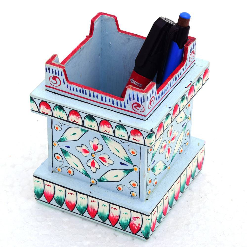 Hand Painted Pen Stand- Tulsi Shape sky blue - India shopping