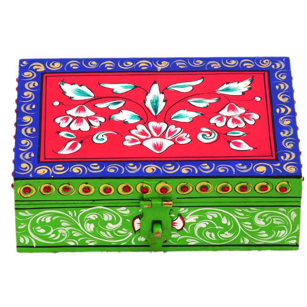 Hand painted Rectangular Wooden Box : Enchanting Red & Green Box - India shopping