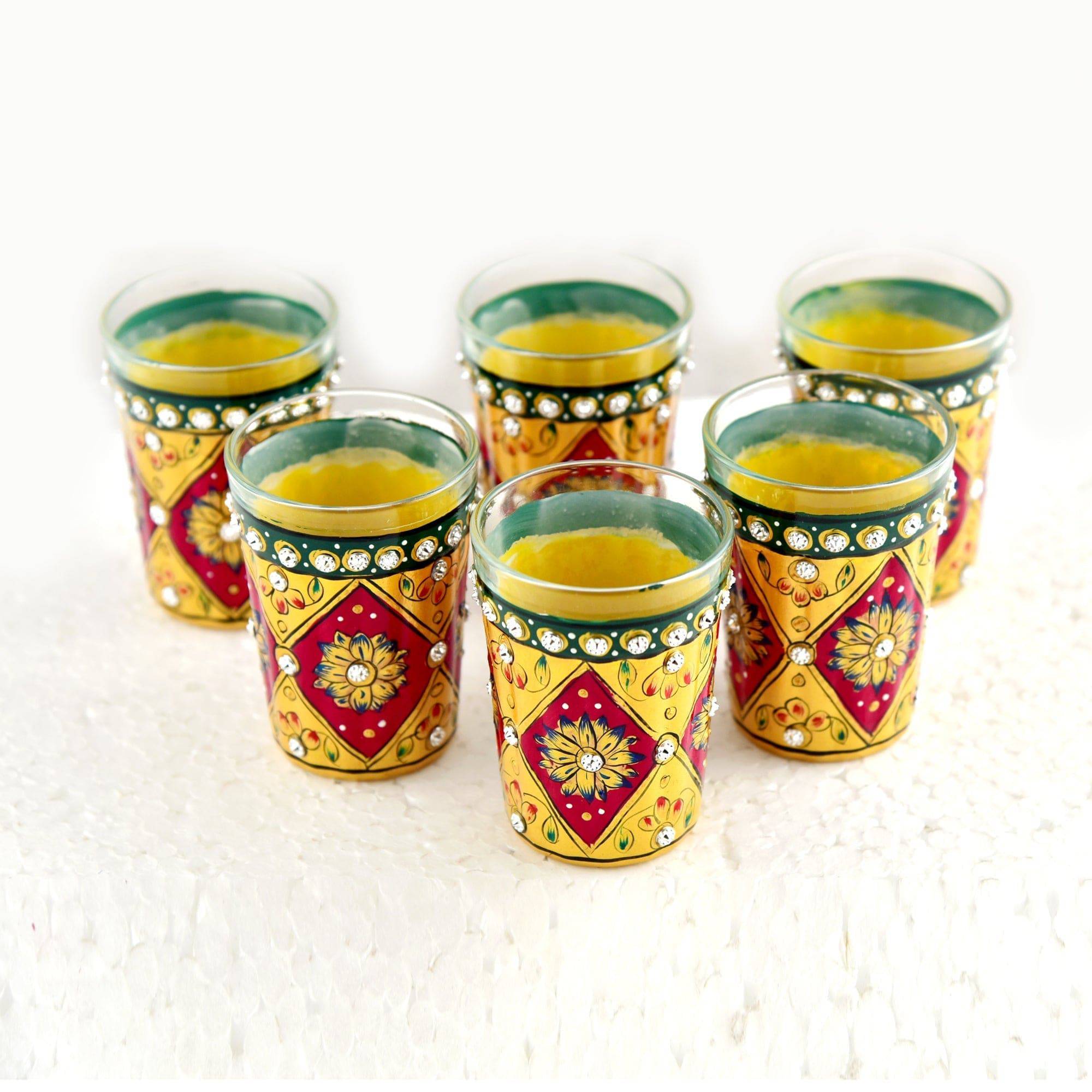 Hand Painted Tea Glass set of 6 : Golden Maroon with Crystals - India shopping