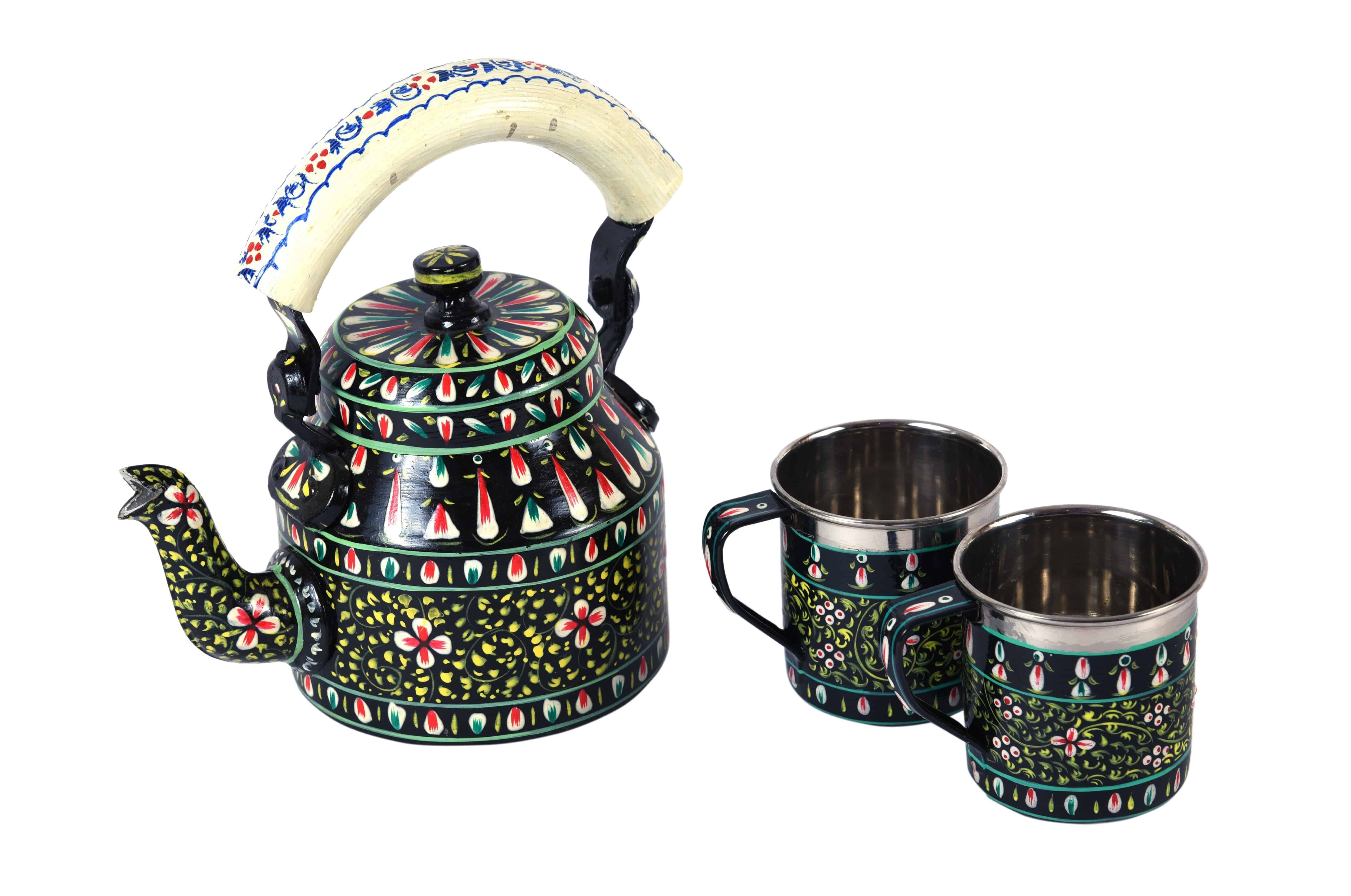 Hand Painted Tea kettle and 2 cups :  Black - India shopping