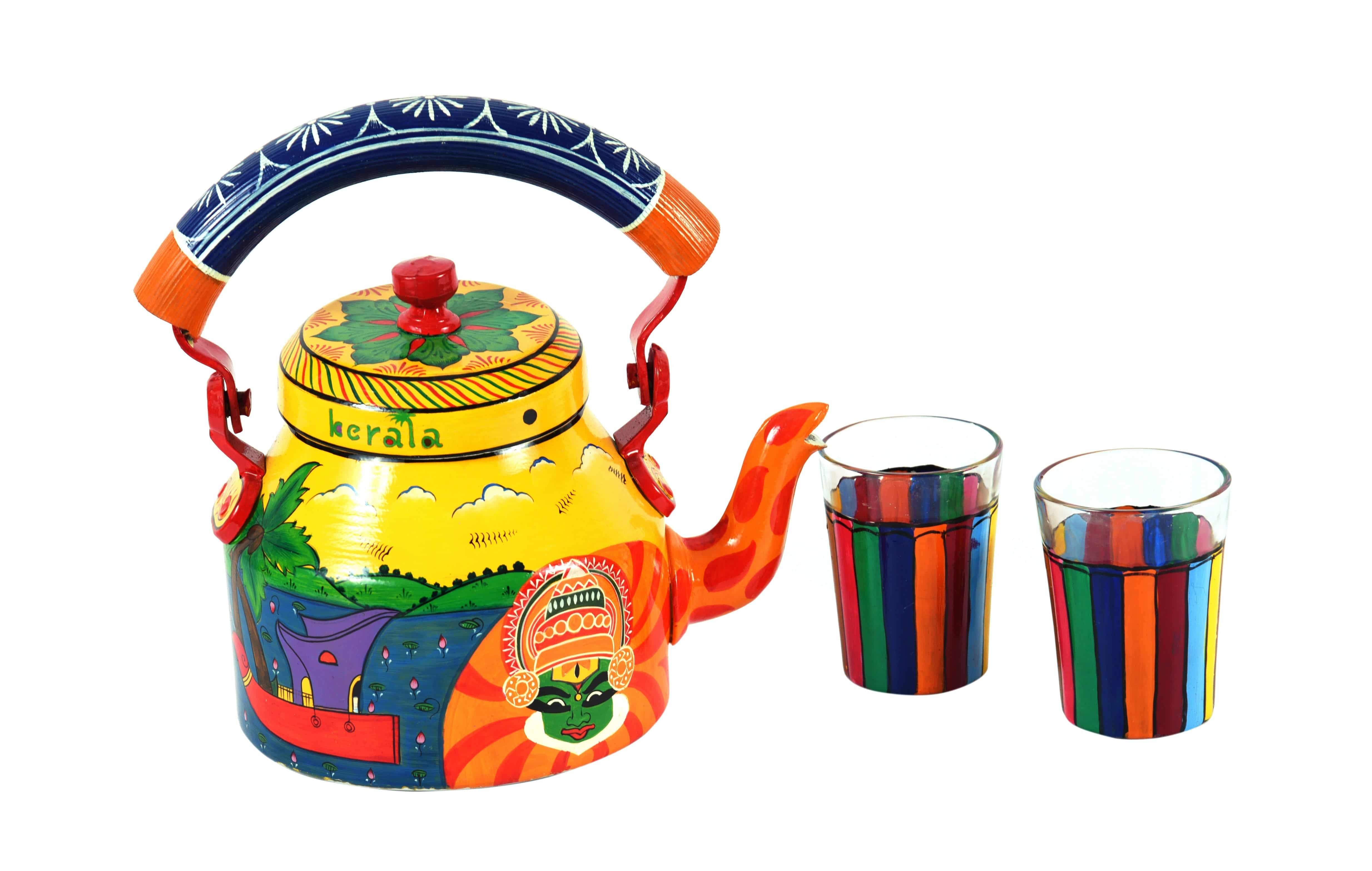 Hand Painted Tea kettle and 2 Tea Cups :   Kerala Mural Art - India shopping