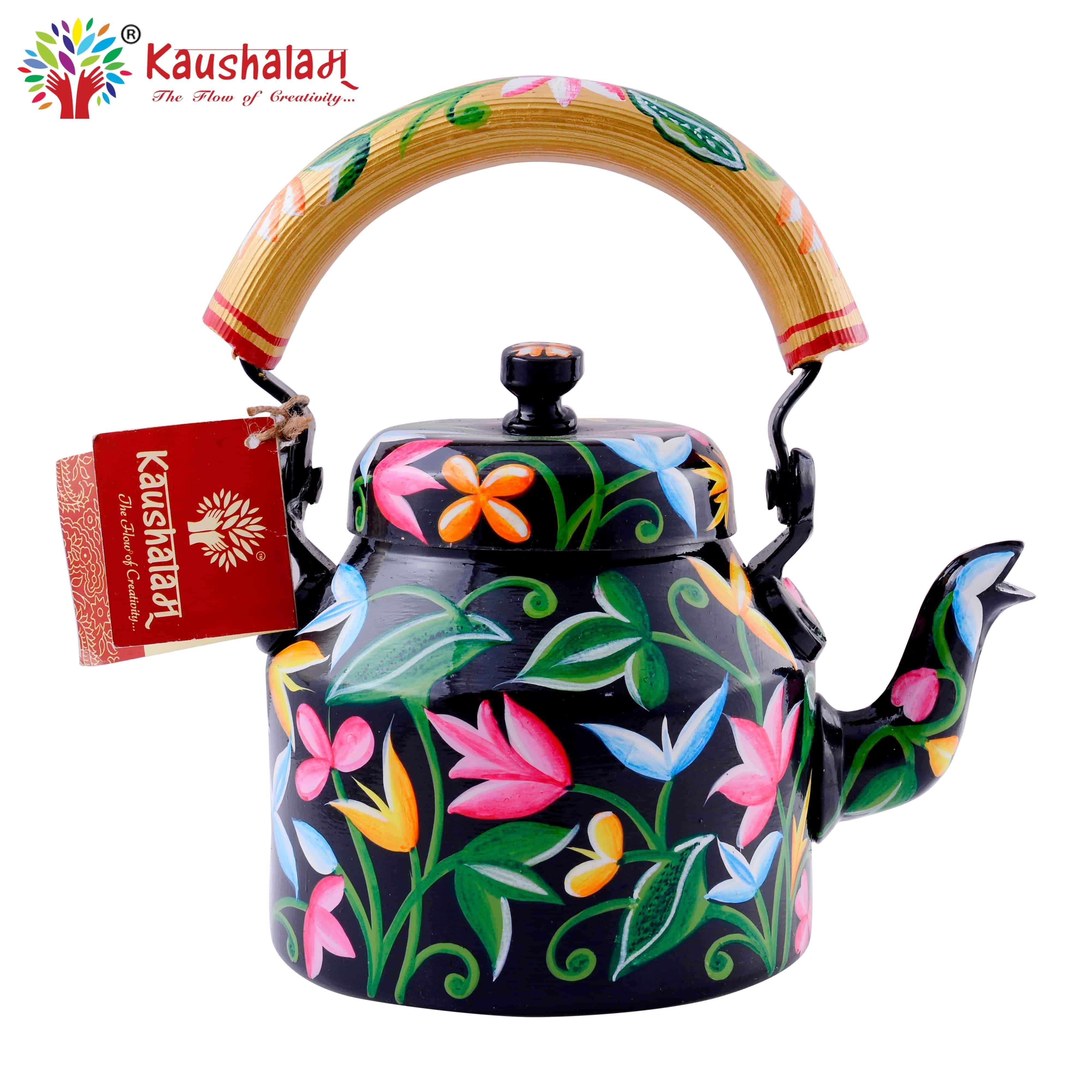 Hand Painted Tea Kettle : Floral Black - India shopping