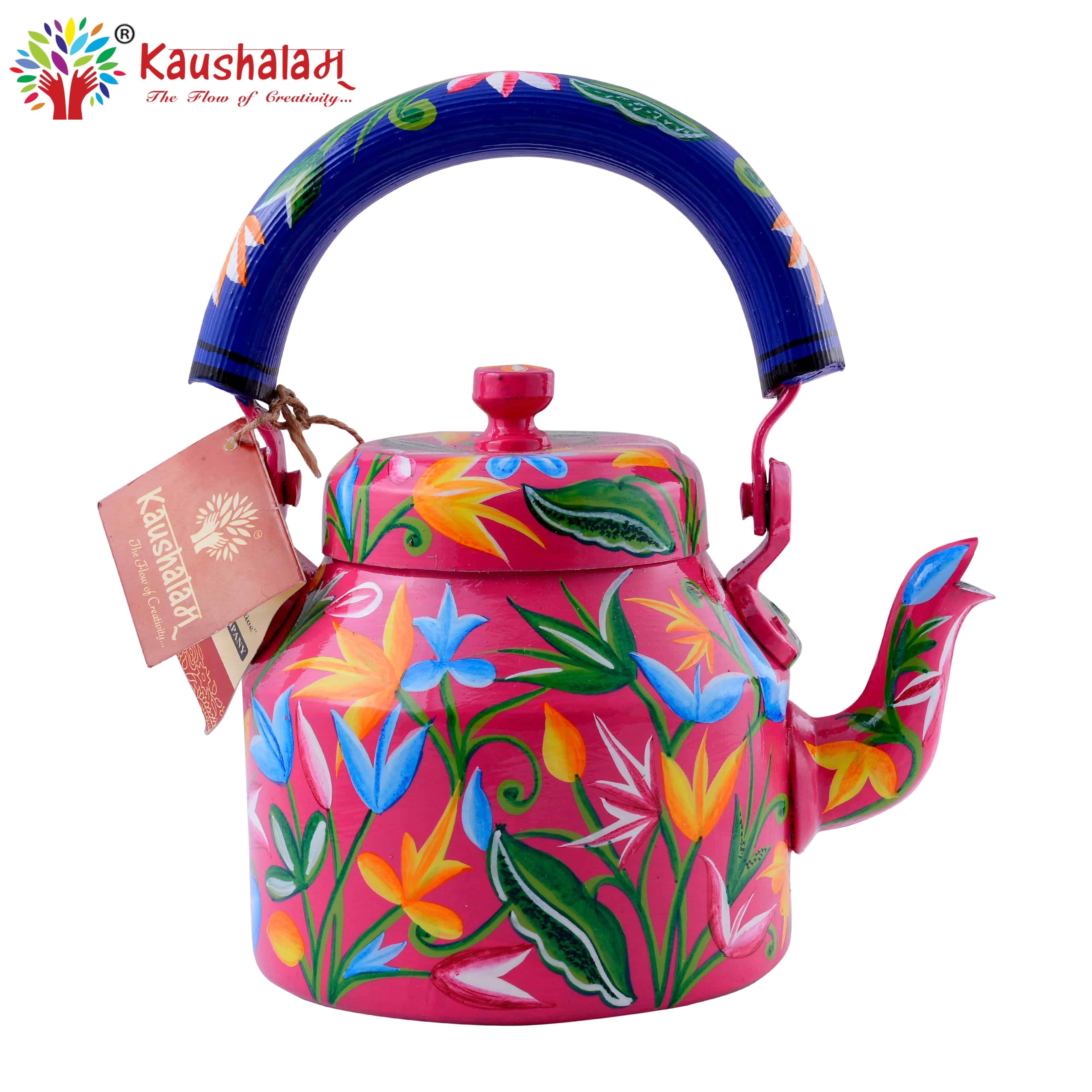 Hand Painted Tea Kettle : Floral Pink - India shopping