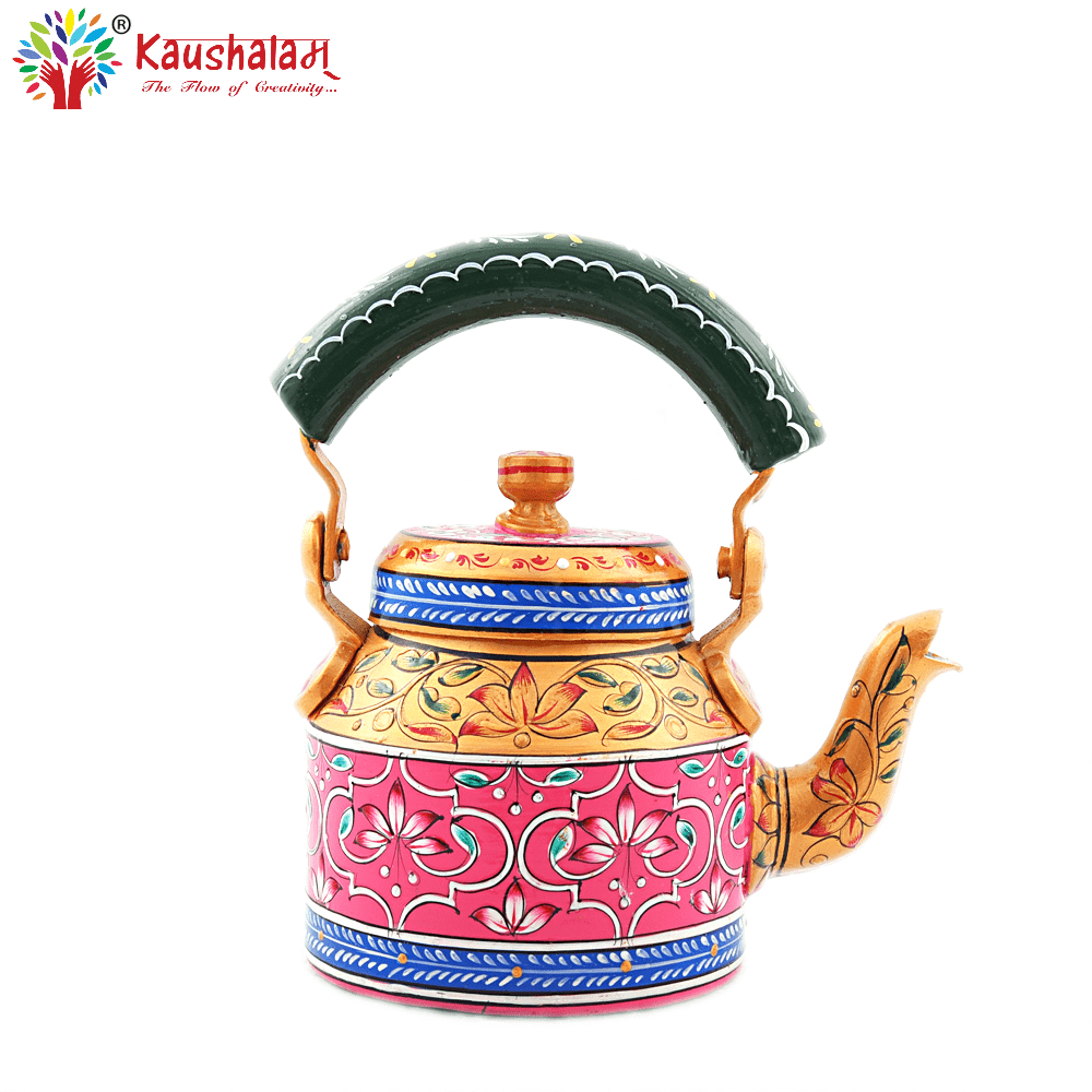 Hand Painted Tea Kettle :  Floral Pink Gold - India shopping