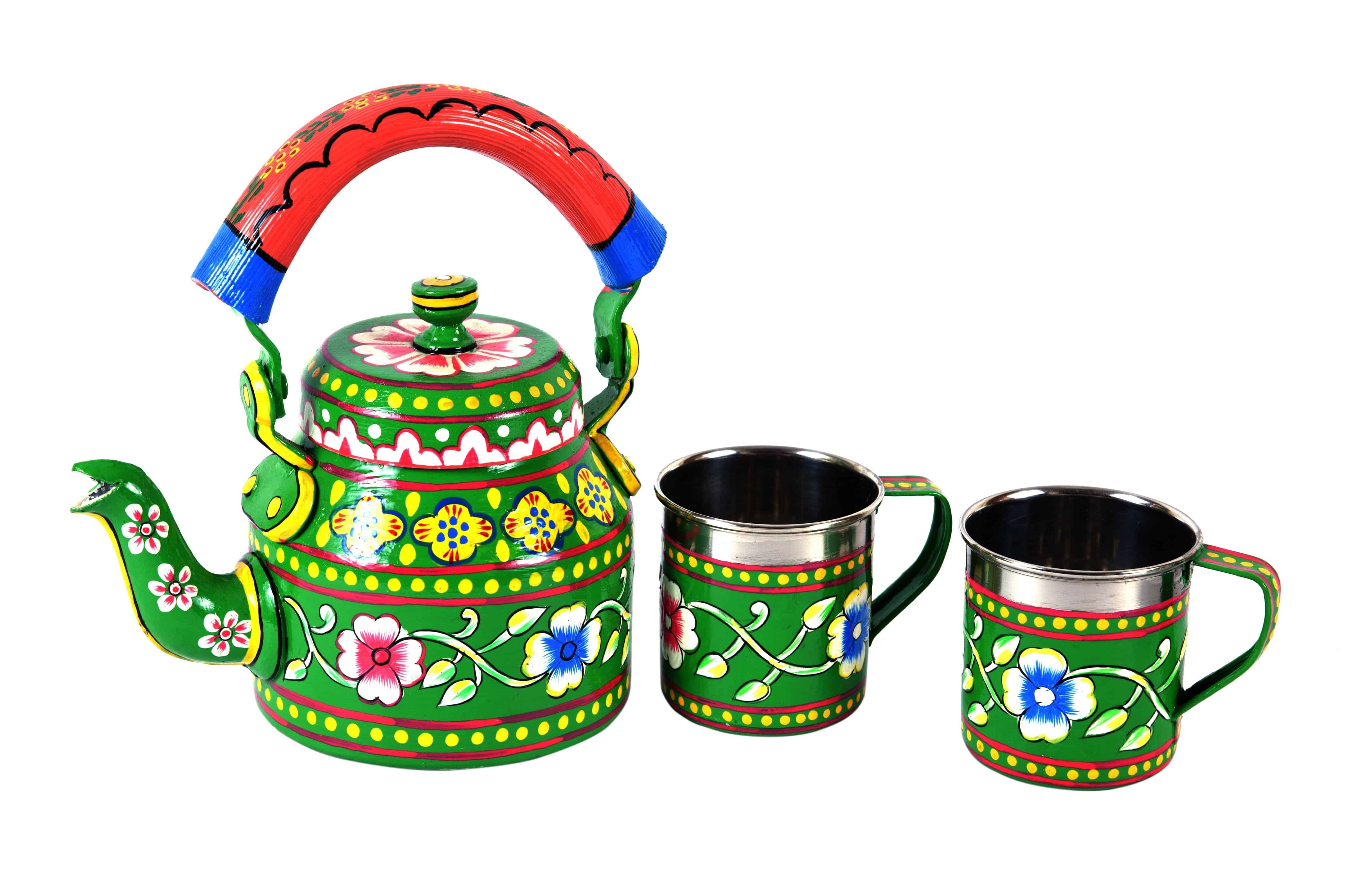 Hand Painted Tea Kettle  :  Green Floral Tea Set for Two Person - India shopping