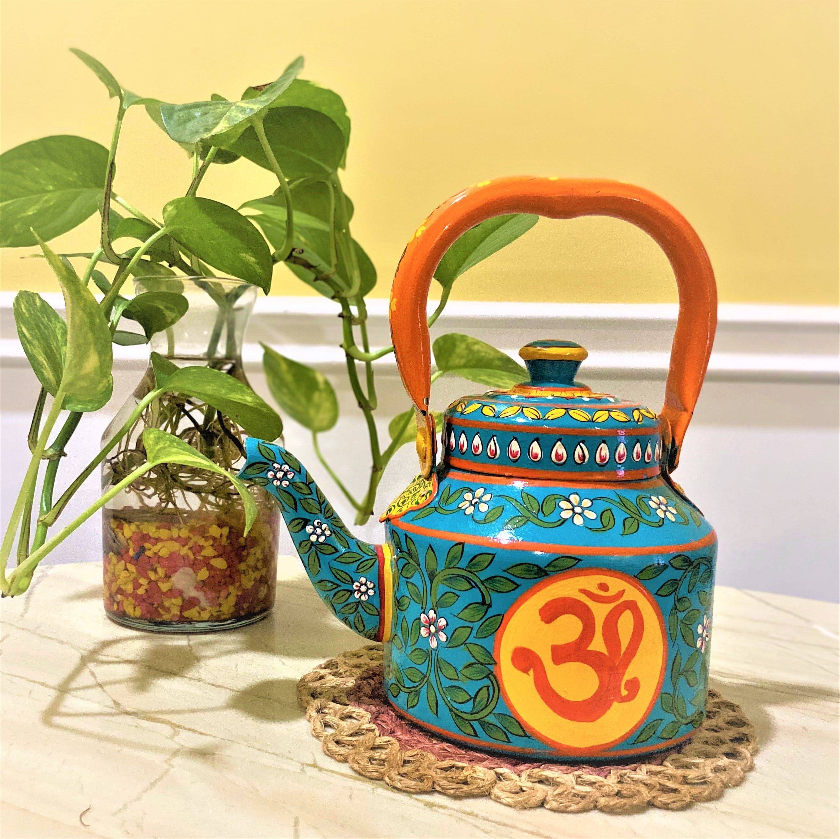 Hand Painted Tea Kettle Stainless steel 1000 ml : "OM" - India shopping