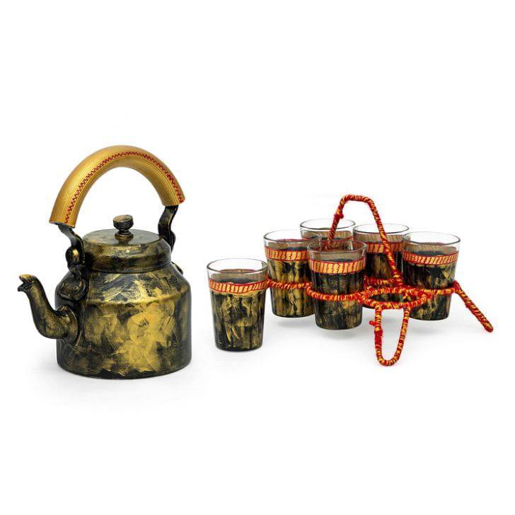 Hand Painted Tea Kettle with six glasses and stand: Antiqua Dark Gold - India shopping