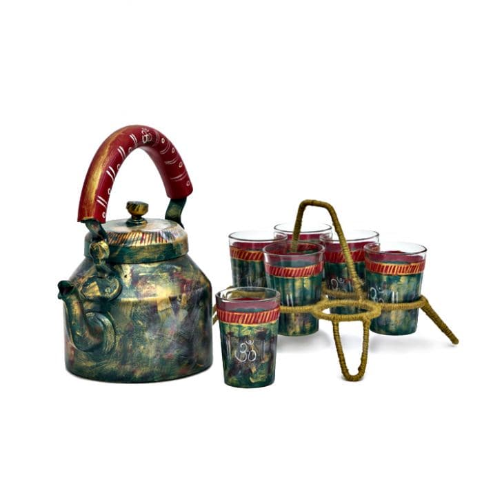 Hand Painted Tea Kettle with six glasses and stand: Antique Tea Set - India shopping